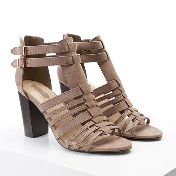 Shoes - Tan Suede Open-toed Strappy Heels